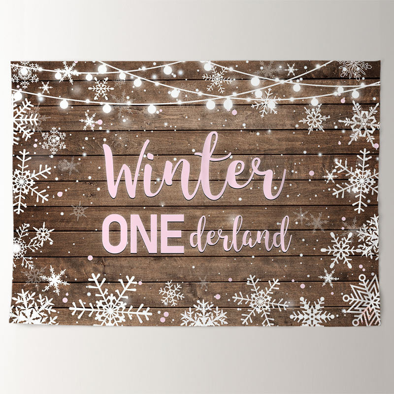Aperturee - Pink Onederland Wood Snow 1st Birthday Backdrop