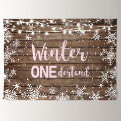 Aperturee - Pink Onederland Wood Snow 1st Birthday Backdrop