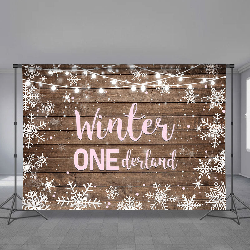 Aperturee - Pink Onederland Wood Snow 1st Birthday Backdrop