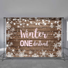 Aperturee - Pink Onederland Wood Snow 1st Birthday Backdrop