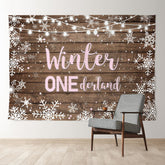 Aperturee - Pink Onederland Wood Snow 1st Birthday Backdrop