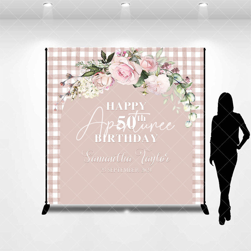 Aperturee - Pink Plaid Arch Floral Custom 50th Birthday Backdrop