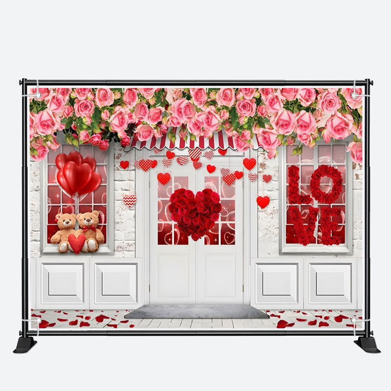 Aperturee - Pink Red Roses White Door Valentines Day Backdrop