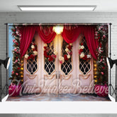Aperturee - Pink Retro Door Red Curtain Floral Photo Backdrop