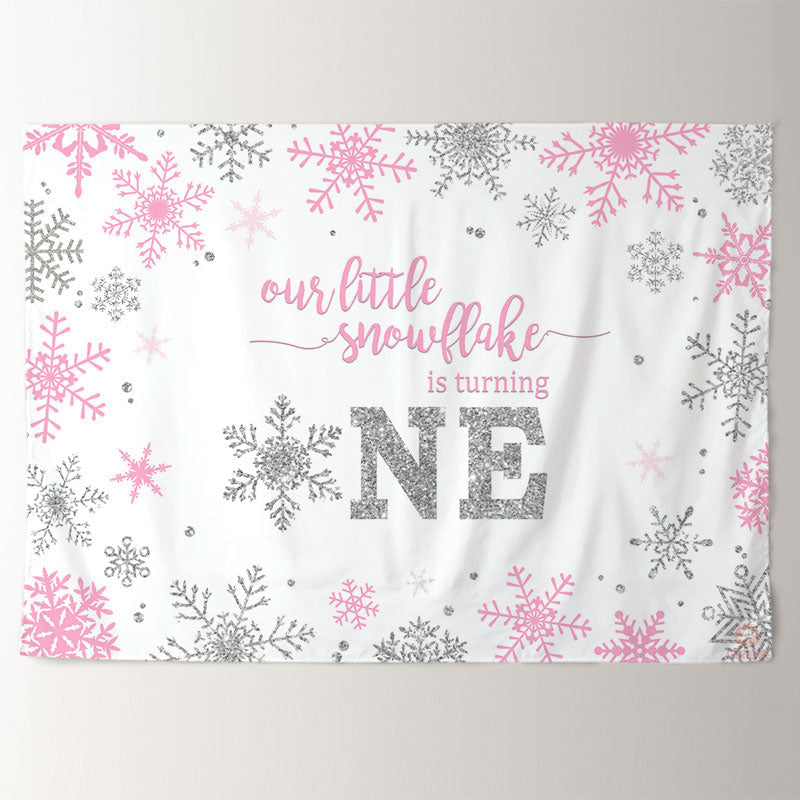 Aperturee - Pink Silver Snowflake Happy 1st Birthday Backdrop