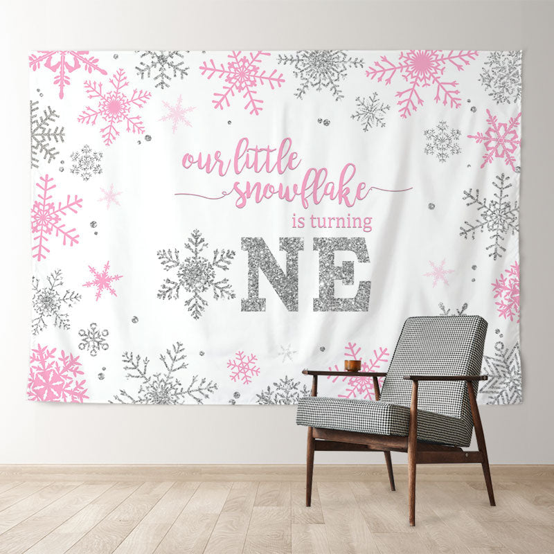 Aperturee - Pink Silver Snowflake Happy 1st Birthday Backdrop