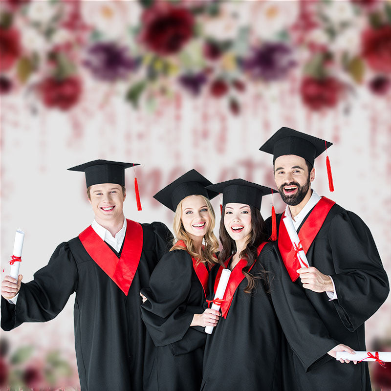 Aperturee - Pink Sparkling Floral White Graduation Photo Backdrop