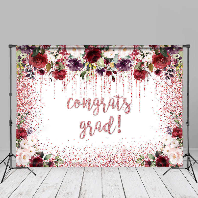 Aperturee - Pink Sparkling Floral White Graduation Photo Backdrop