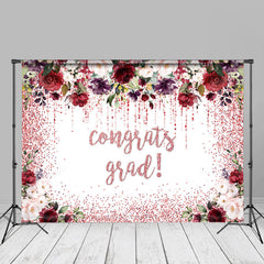 Aperturee - Pink Sparkling Floral White Graduation Photo Backdrop