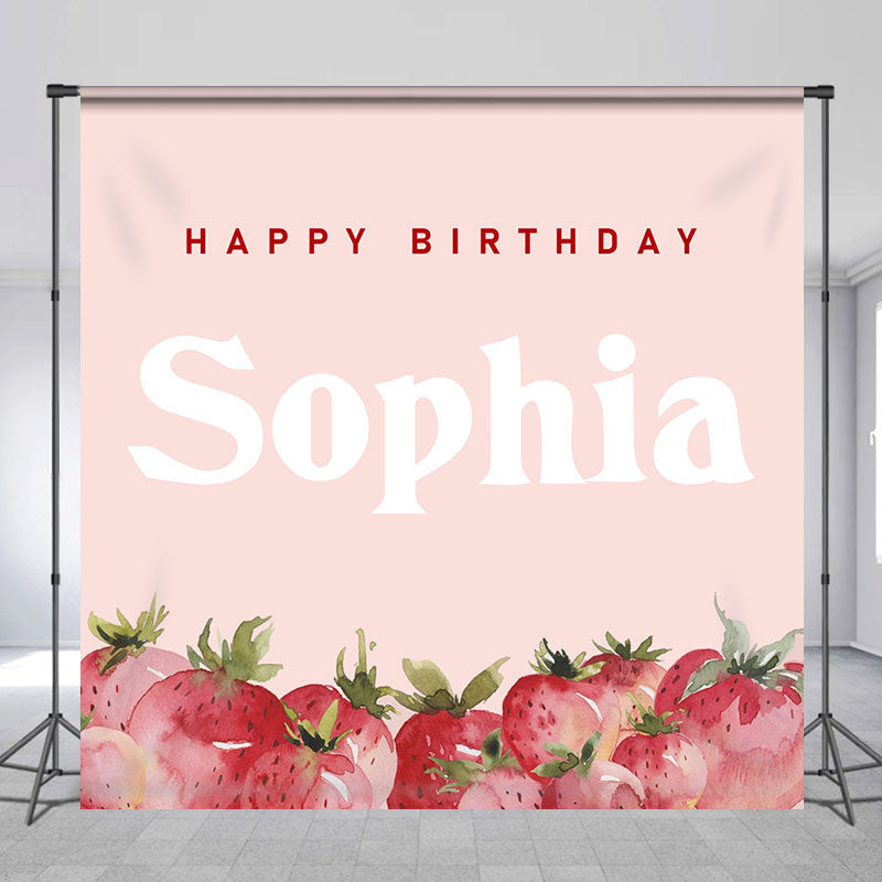 Aperturee - Pink Strawberry Custom Name Birthday Party Backdrop