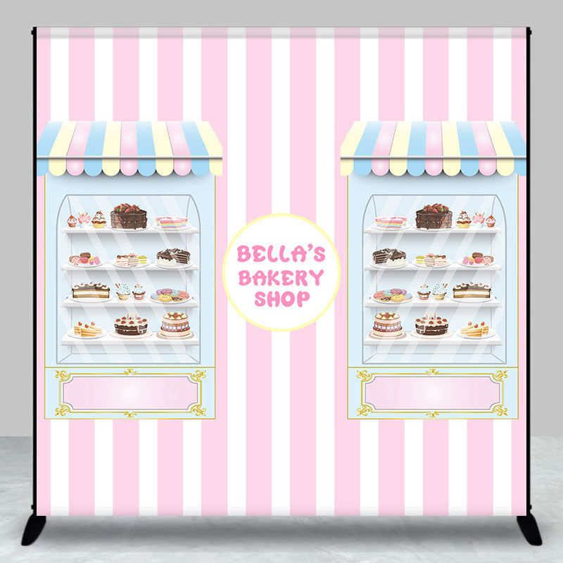 Aperturee - Pink Stripe Bakery Shop Custom Birthday Backdrop