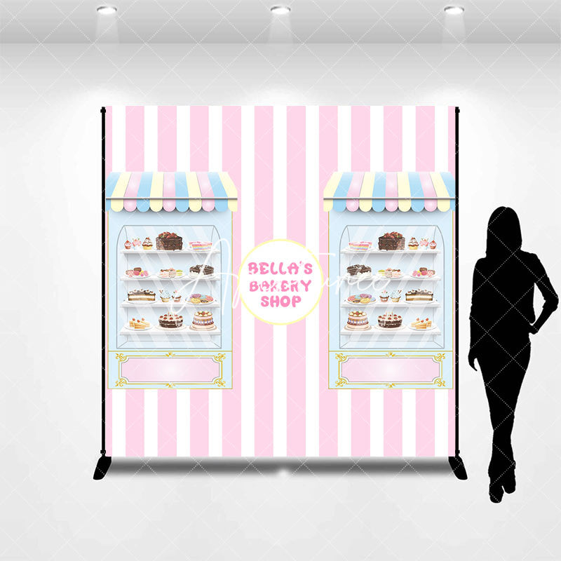 Aperturee - Pink Stripe Bakery Shop Custom Birthday Backdrop