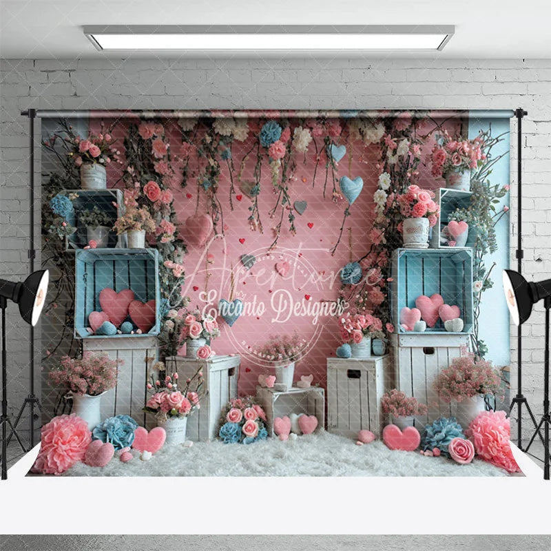 Aperturee - Pink Wall Flowers Love Hearts Valentine Backdrop