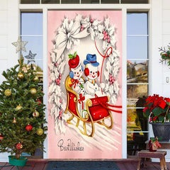 Aperturee - Pink White Cute Snowman Sled Christmas Door Cover