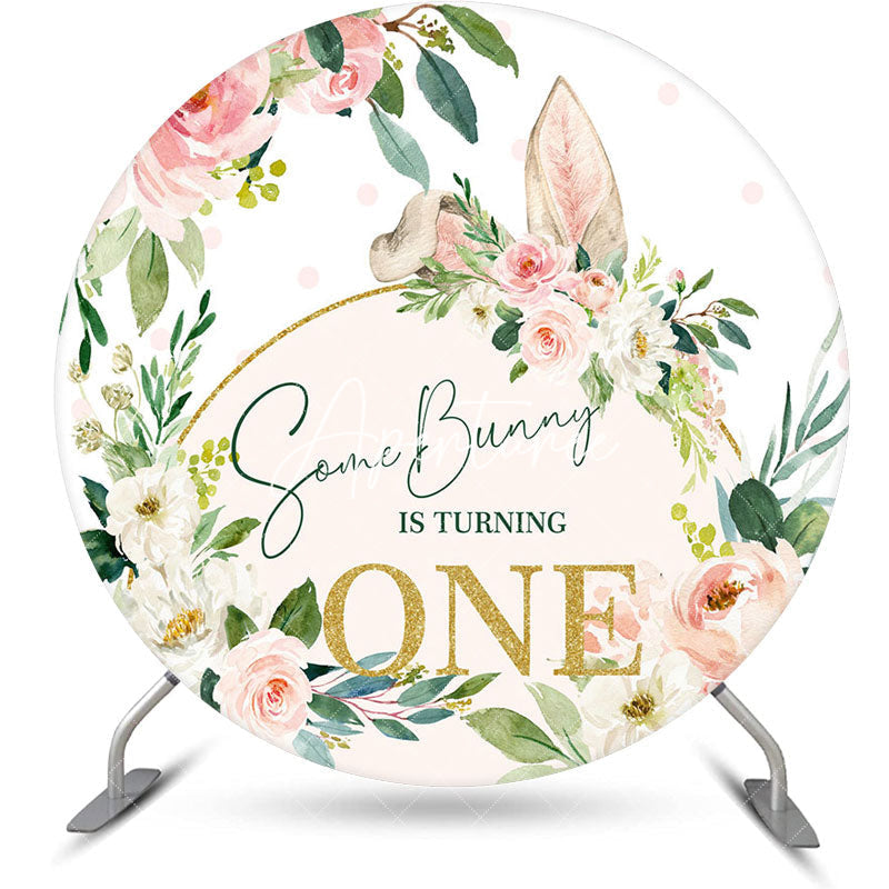 Aperturee - Pink White Floral Bunny Round 1st Birthday Backdrop