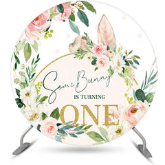 Aperturee - Pink White Floral Bunny Round 1st Birthday Backdrop