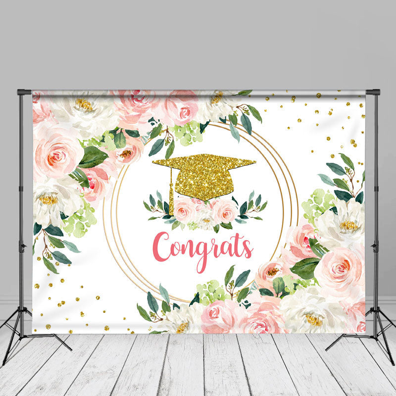 Aperturee - Pink White Floral Glitter Congrats Photo Backdrop