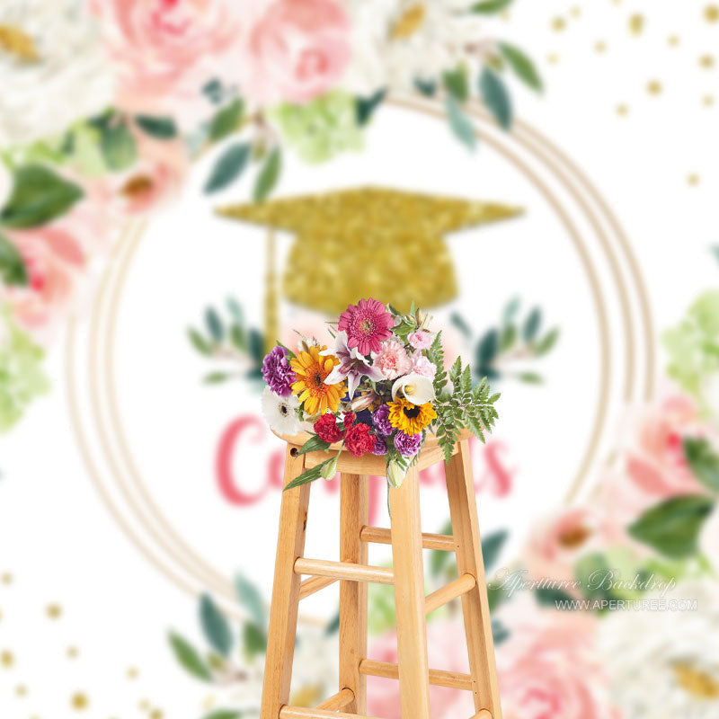 Aperturee - Pink White Floral Glitter Congrats Photo Backdrop