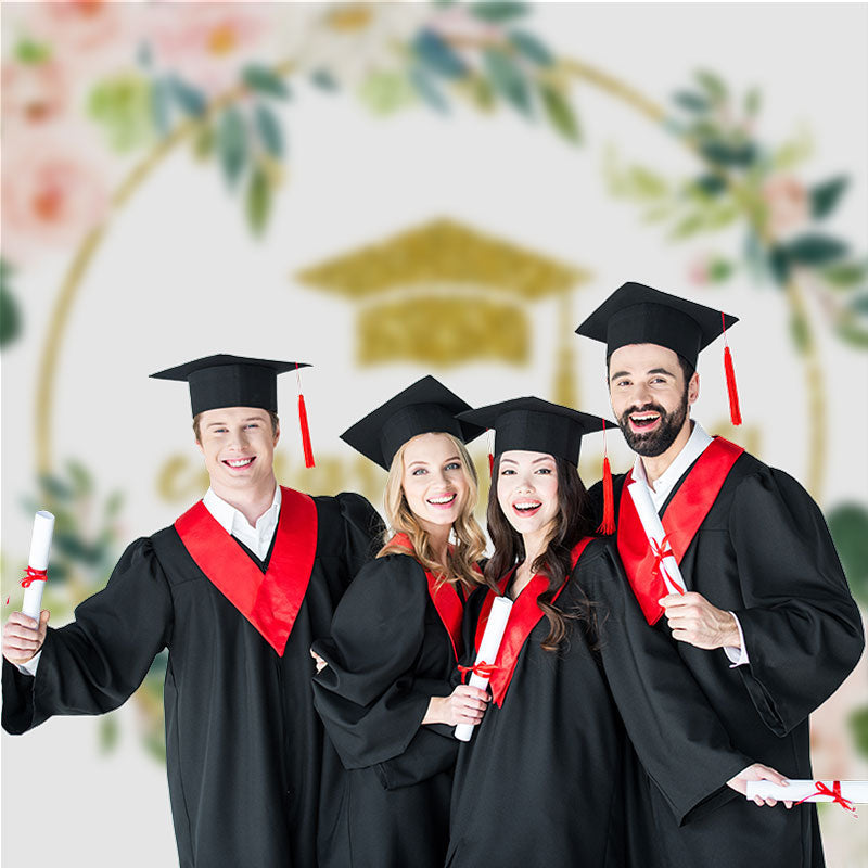 Aperturee - Pink White Floral Glitter Graduation Backdrop For Photo