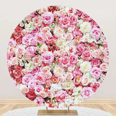 Aperturee - Pink White Floral Leaves Wall Round Wedding Backdrop