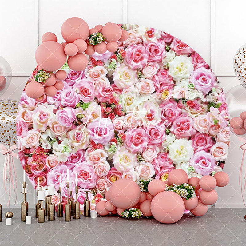 Aperturee - Pink White Floral Leaves Wall Round Wedding Backdrop
