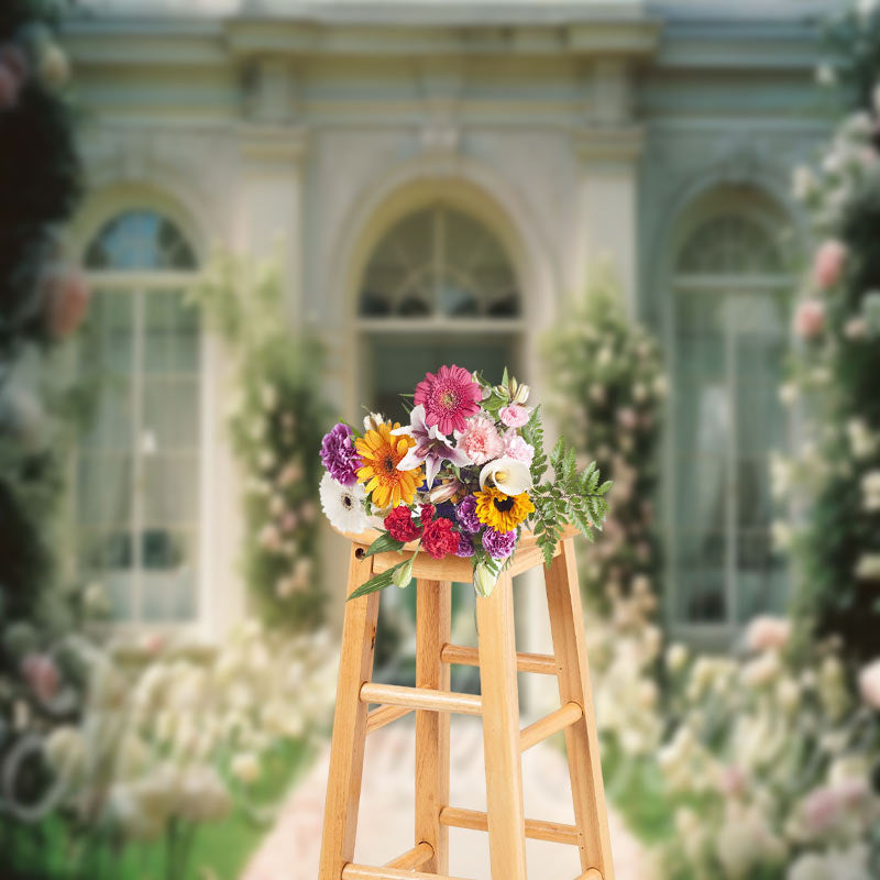 Aperturee - Pink White Roses Retro Architecture Spring Backdrop