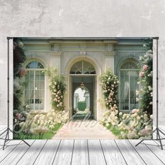 Aperturee - Pink White Roses Retro Architecture Spring Backdrop