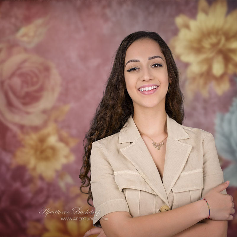 Aperturee - Pink Yellow Floral Dusty Blue Abstract Photo Backdrop