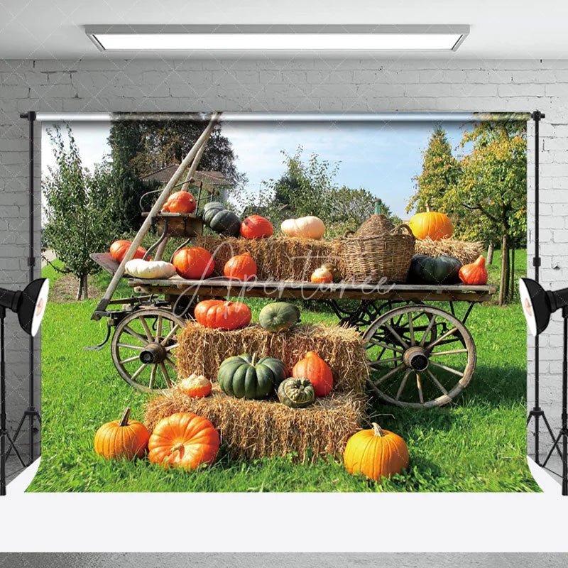 Aperturee - Pumpkin Wooden Cart Orchard Outdoor Photo Backdrop