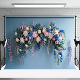Aperturee - Pure Blue Wall Colorful Floral Cake Smash Backdrop