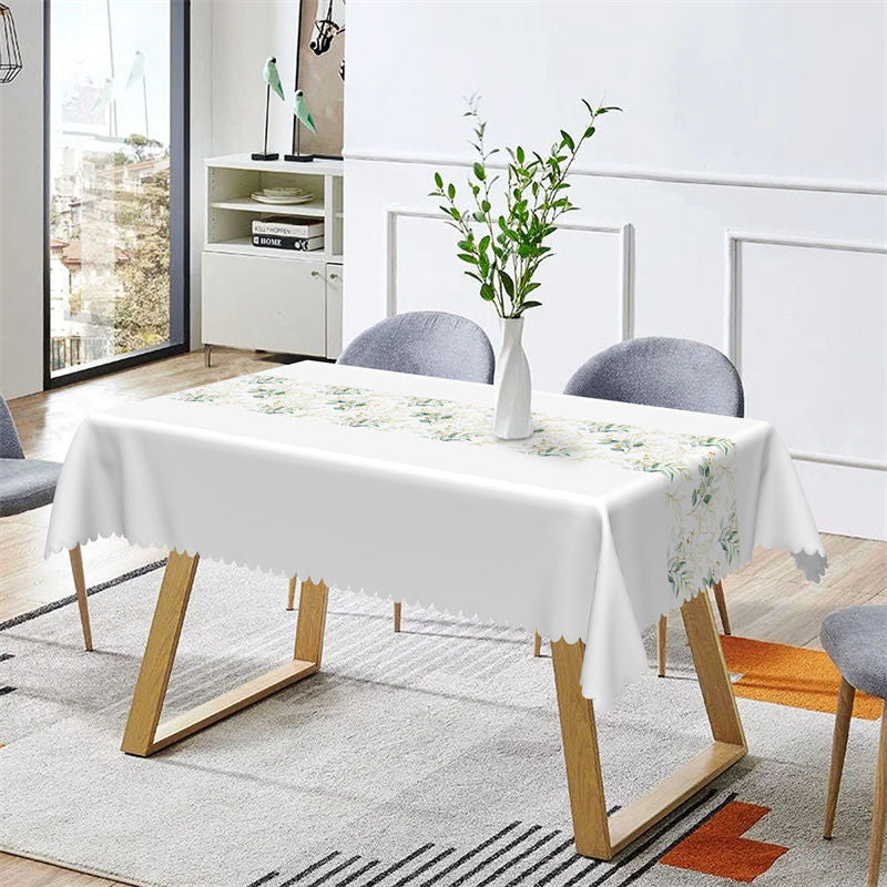 Aperturee - Pure White Elegant Spring Leaves Rectangle Tablecloth