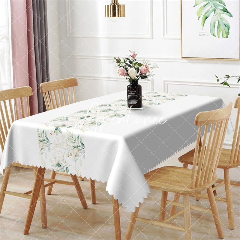 Aperturee - Pure White Elegant Spring Leaves Rectangle Tablecloth