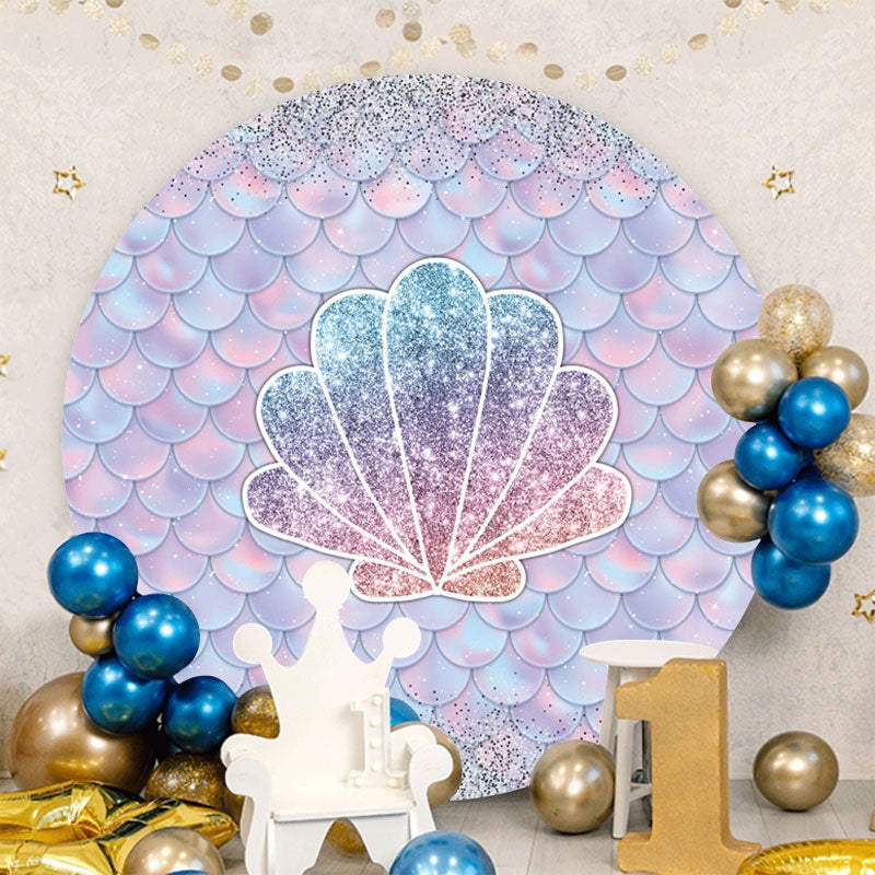 Aperturee - Purple And Sliver Glitter Shell Round Birthday Backdrop