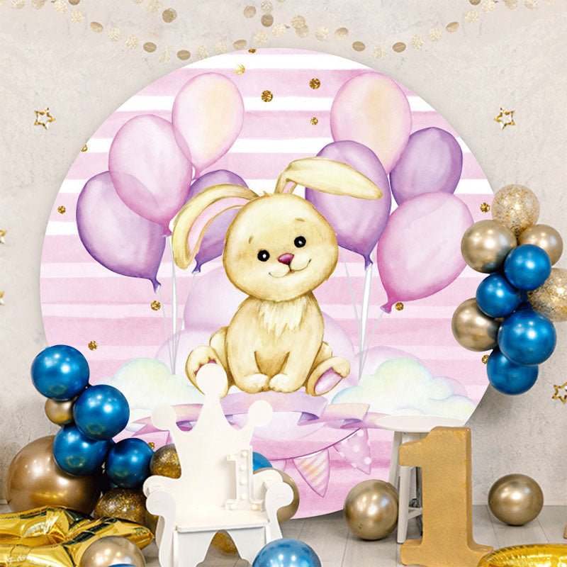 Aperturee - Purple Ballon And Rabbit Round Baby Shower Backdrop