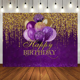 Aperturee - Purple Balloons Gold Glitter Happy Birthday Backdrop