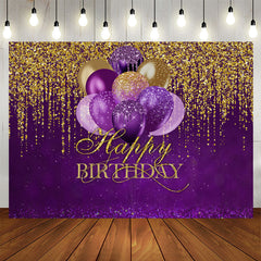 Aperturee - Purple Balloons Gold Glitter Happy Birthday Backdrop