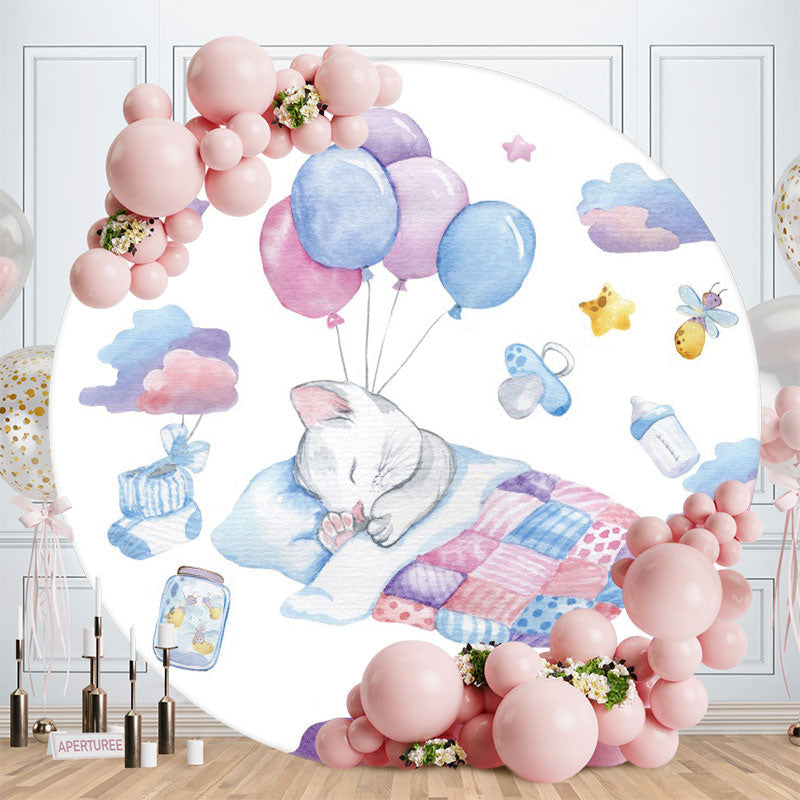 Aperturee - Purple Blue And Cat Round Baby Shower Backdrop