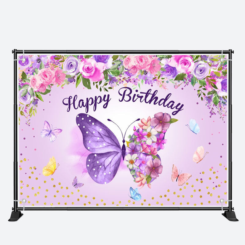 Aperturee - Purple Butterflies Flowers Happy Birthday Backdrop