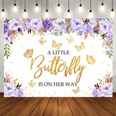 Aperturee - Purple Floral and Golden Butterfly Baby Shower Backdrop