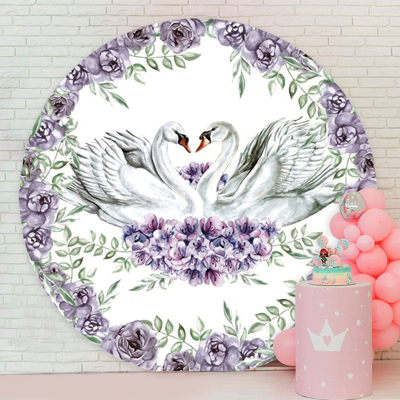 Aperturee - Purple Floral And Swan Round Baby Shower Backdrop