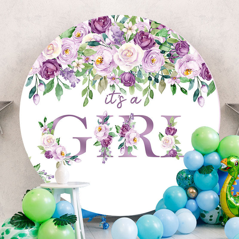 Aperturee - Purple Floral Its A Girl Baby Shower Backdrop