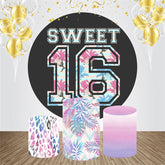 Aperturee - Purple Floral Leaf Round 16th Birthday Backdrop Kit