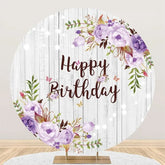 Aperturee - Purple Floral Leaves Wooden Round Birthday Backdrop