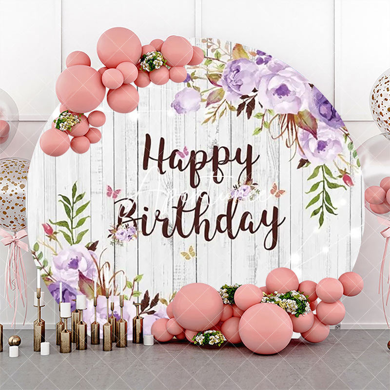 Aperturee - Purple Floral Leaves Wooden Round Birthday Backdrop