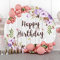 Aperturee - Purple Floral Leaves Wooden Round Birthday Backdrop