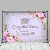 Aperturee - Purple Floral Silver Congrats Grad Party Backdrop