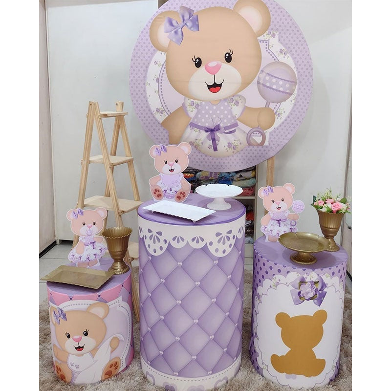 Aperturee Purple Floral Teddy Bear Round Baby Shower Backdrop Kit