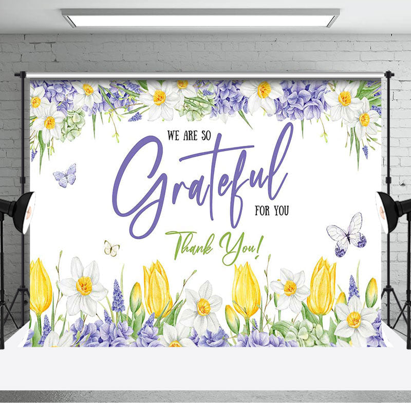 Aperturee - Purple Floral We Are So Grateful For You Backdrop