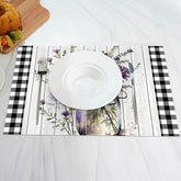 Aperturee - Purple Floral Wood Plaid Dining Set Of 4 Placemats