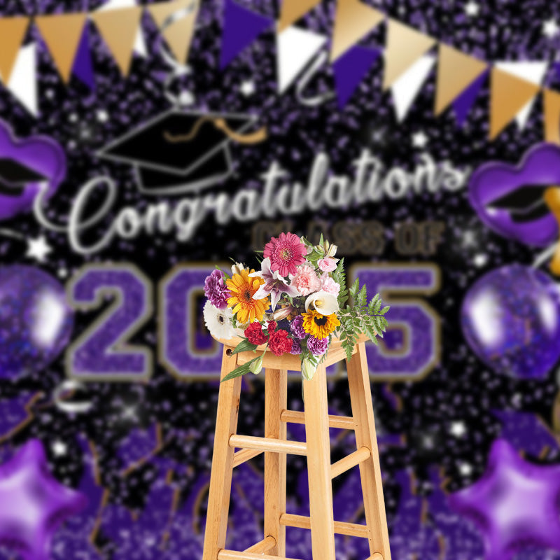 Aperturee - Purple Glitter Balloons Congrats 2025 Grad Backdrop